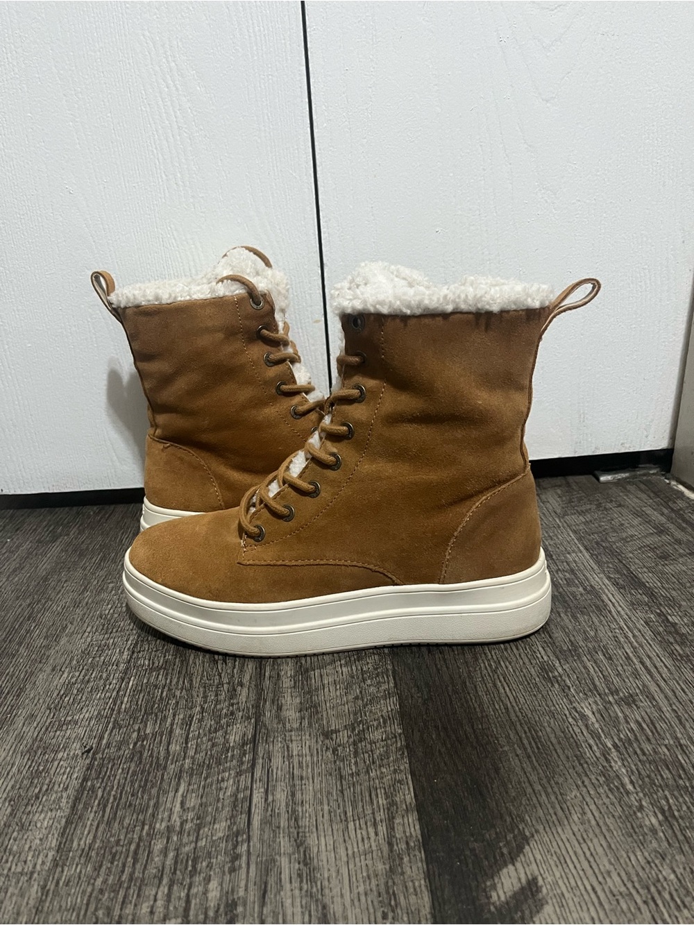J/SLIDES Chestnut Brown Faux-Shearling Lace-Up Platform Boots